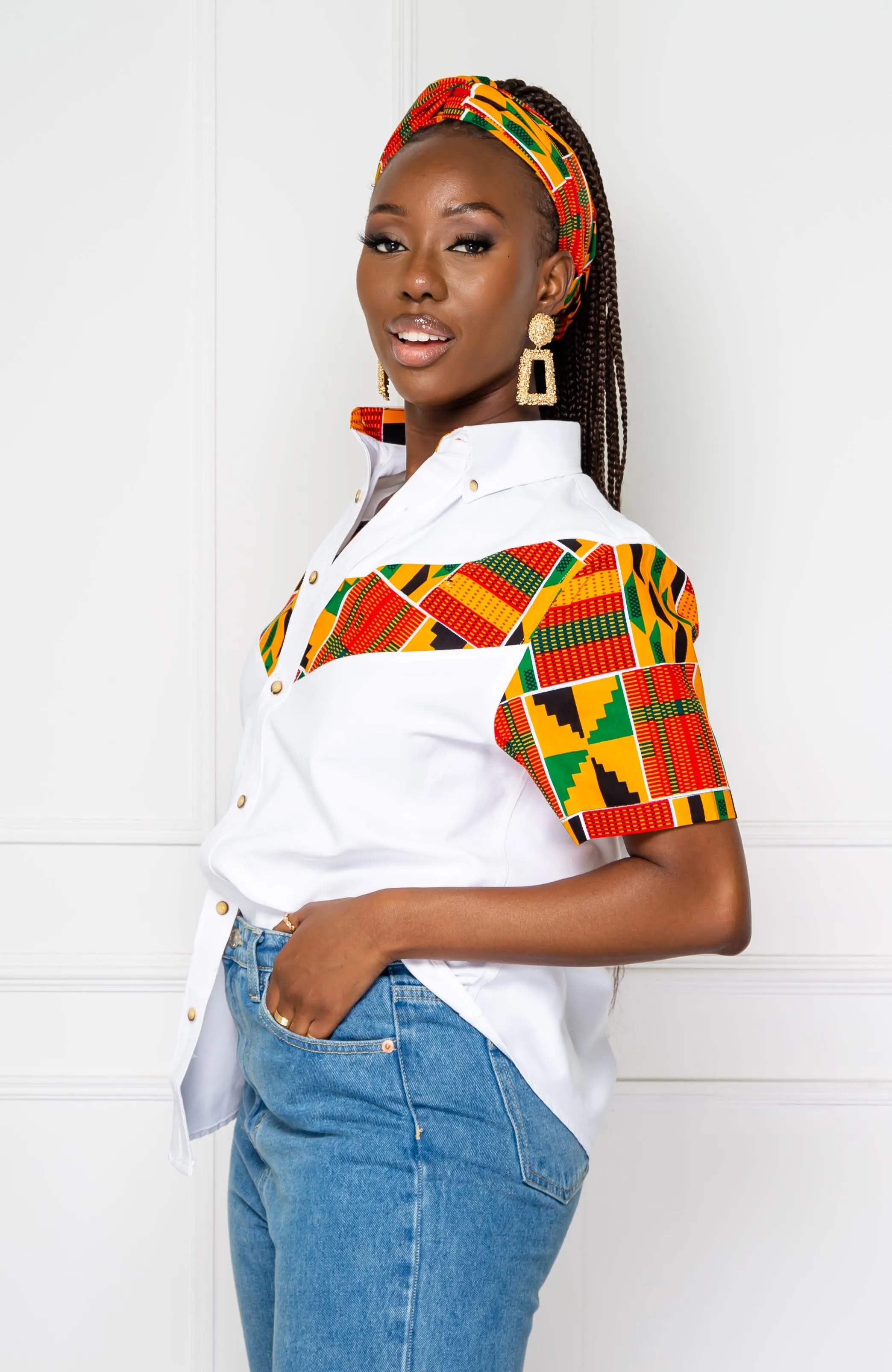 African Print V-Shaped Shirt for Women | Unisex Short Sleeve Ankara Shirt - KENYA