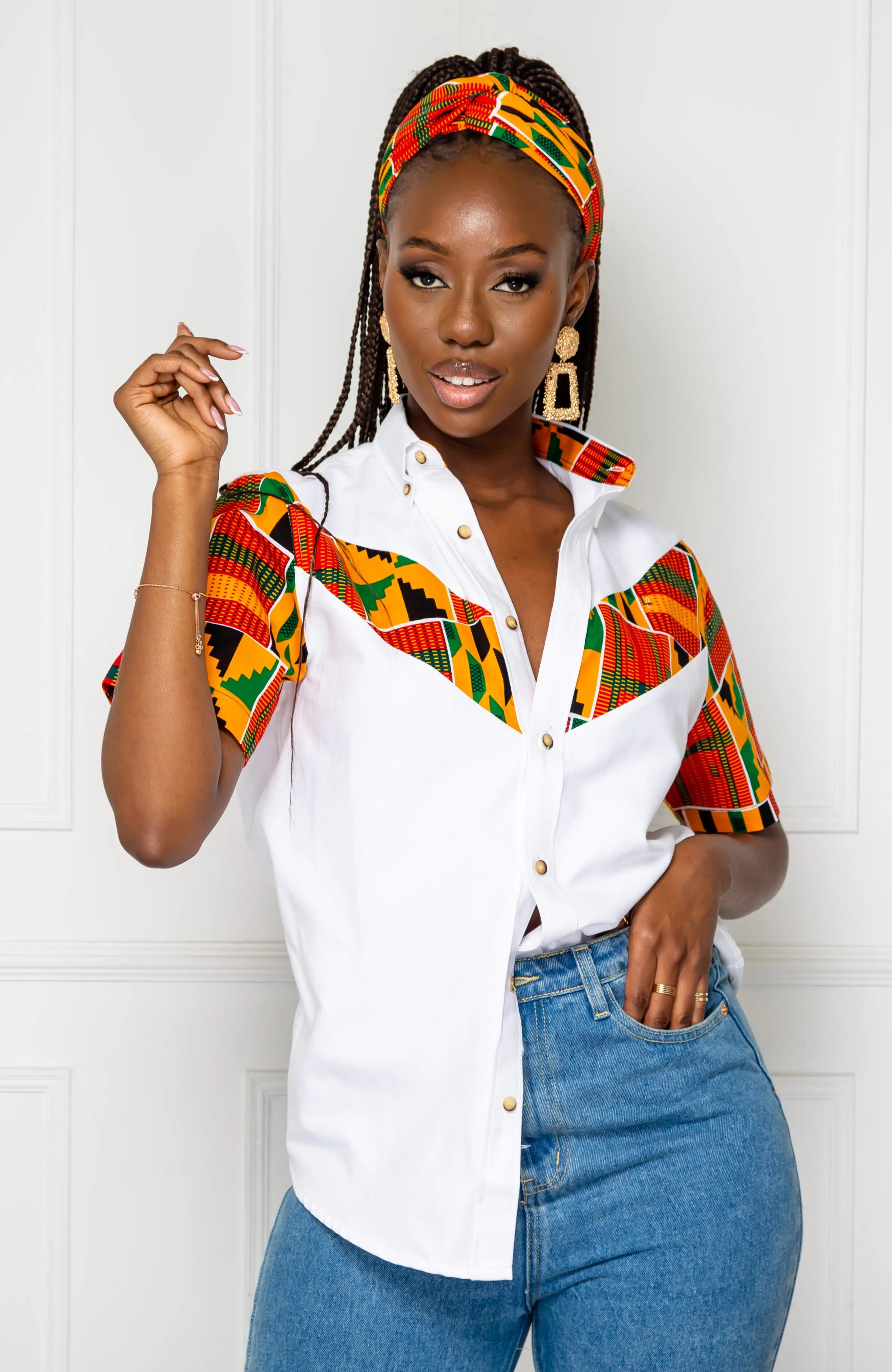 African Print V-Shaped Shirt for Women | Unisex Short Sleeve Ankara Shirt - KENYA