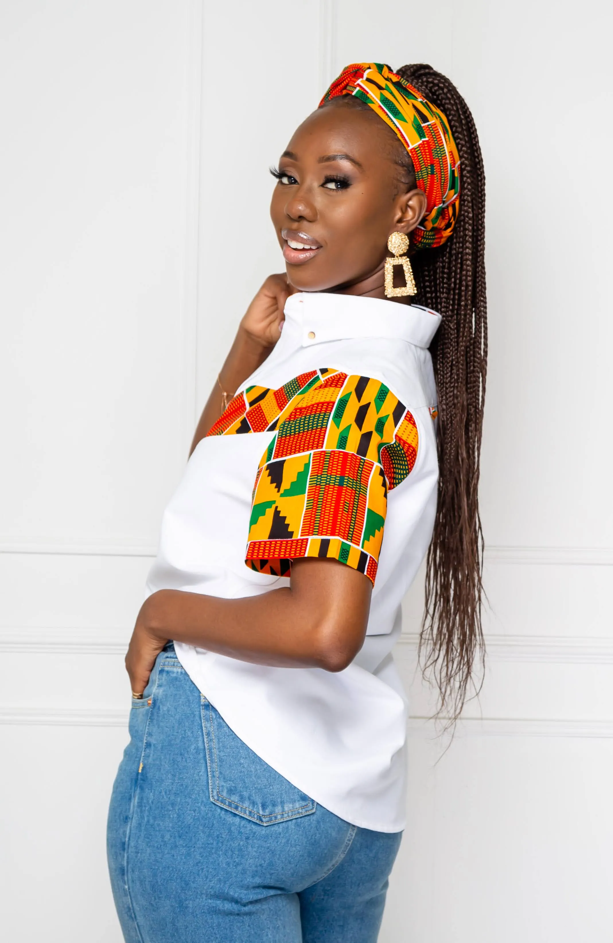 African Print V-Shaped Shirt for Women | Unisex Short Sleeve Ankara Shirt - KENYA