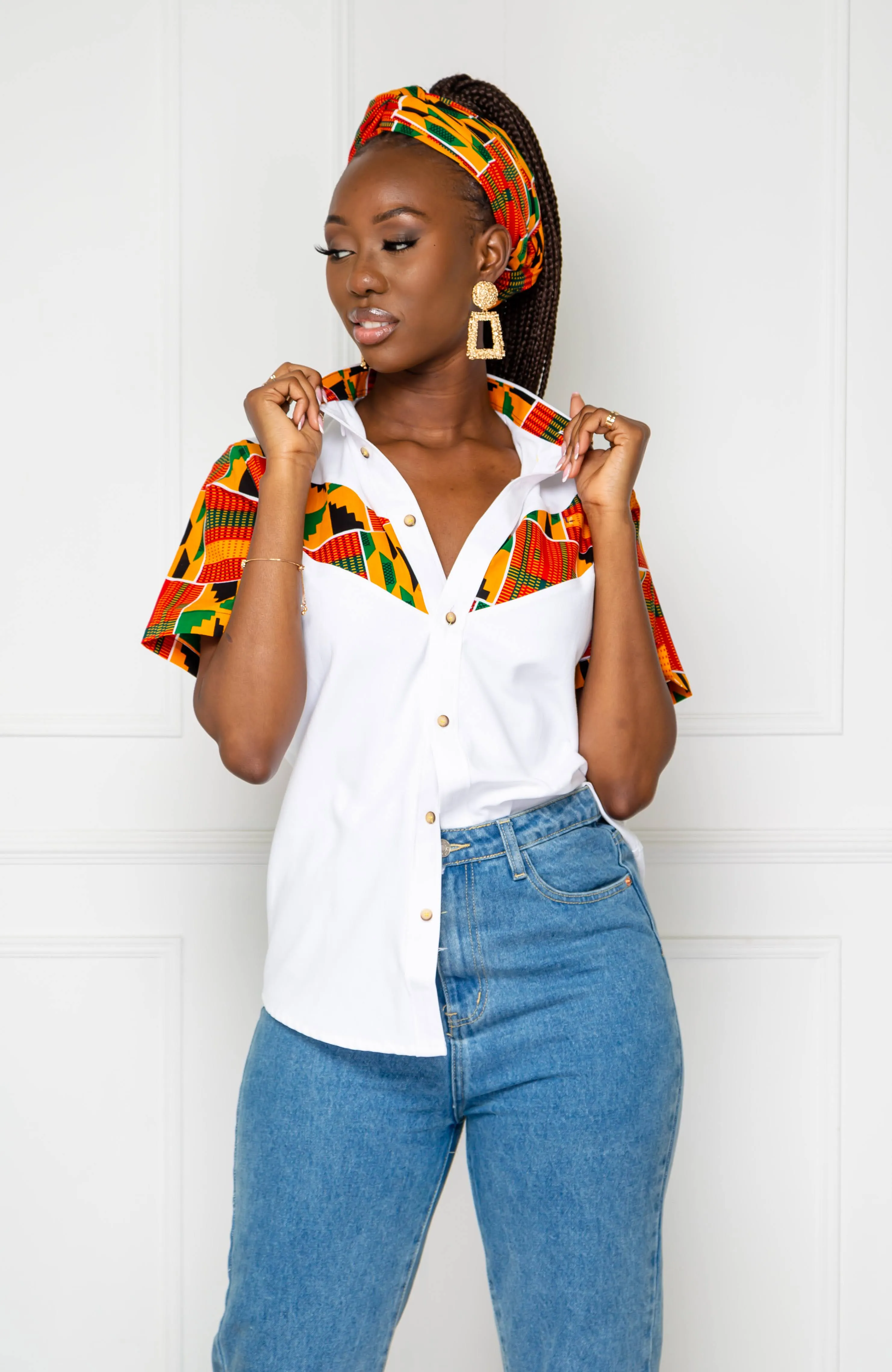 African Print V-Shaped Shirt for Women | Unisex Short Sleeve Ankara Shirt - KENYA