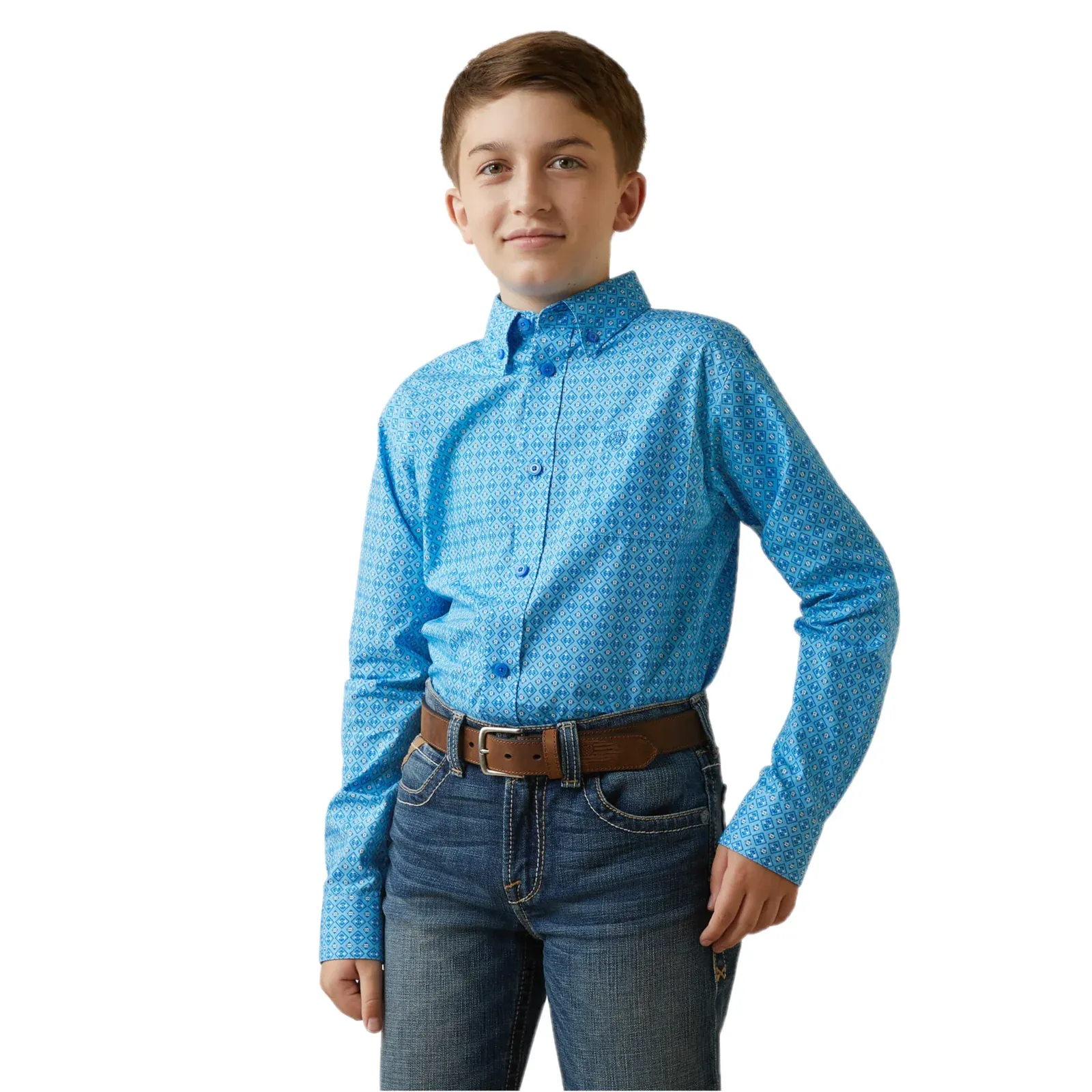 Ariat Boy's Diamond Print Blue Grotto Button Down Shirt