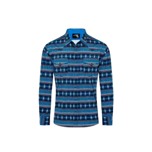 Avalon Men's Western Print Pearl Snap Aztec Blue Shirt