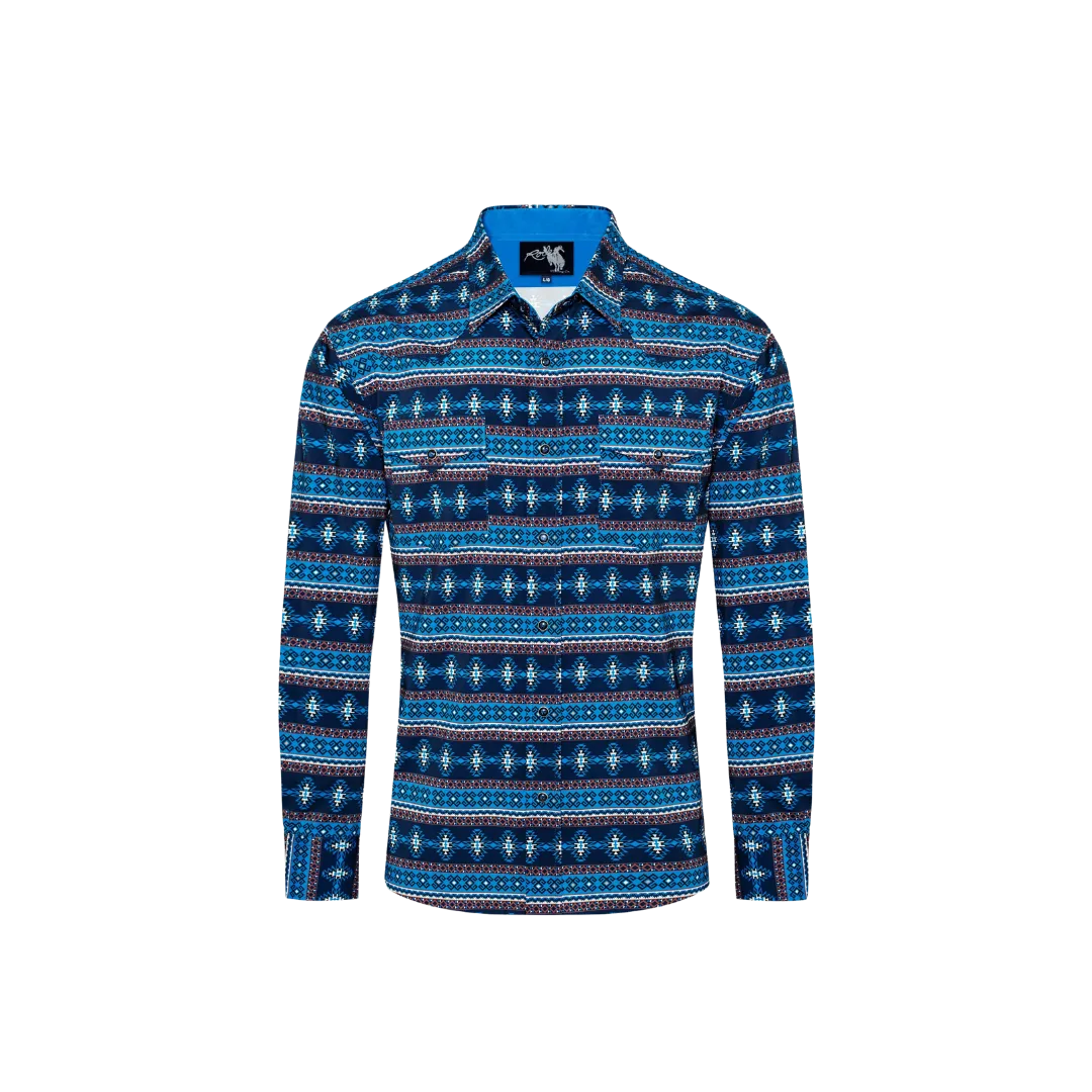 Avalon Men's Western Print Pearl Snap Aztec Blue Shirt