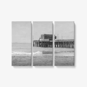 B&W Newport Pier - 3 Piece Canvas Wall Art - Framed Ready to Hang 3x8"x18"