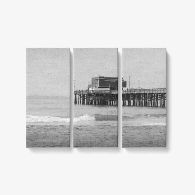 B&W Newport Pier - 3 Piece Canvas Wall Art - Framed Ready to Hang 3x8"x18"