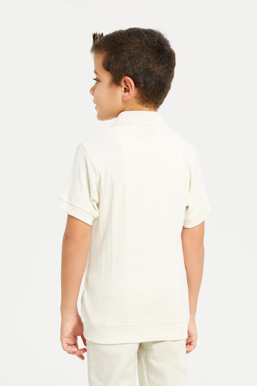 Boys Beige Zip Placket Polo T-Shirt