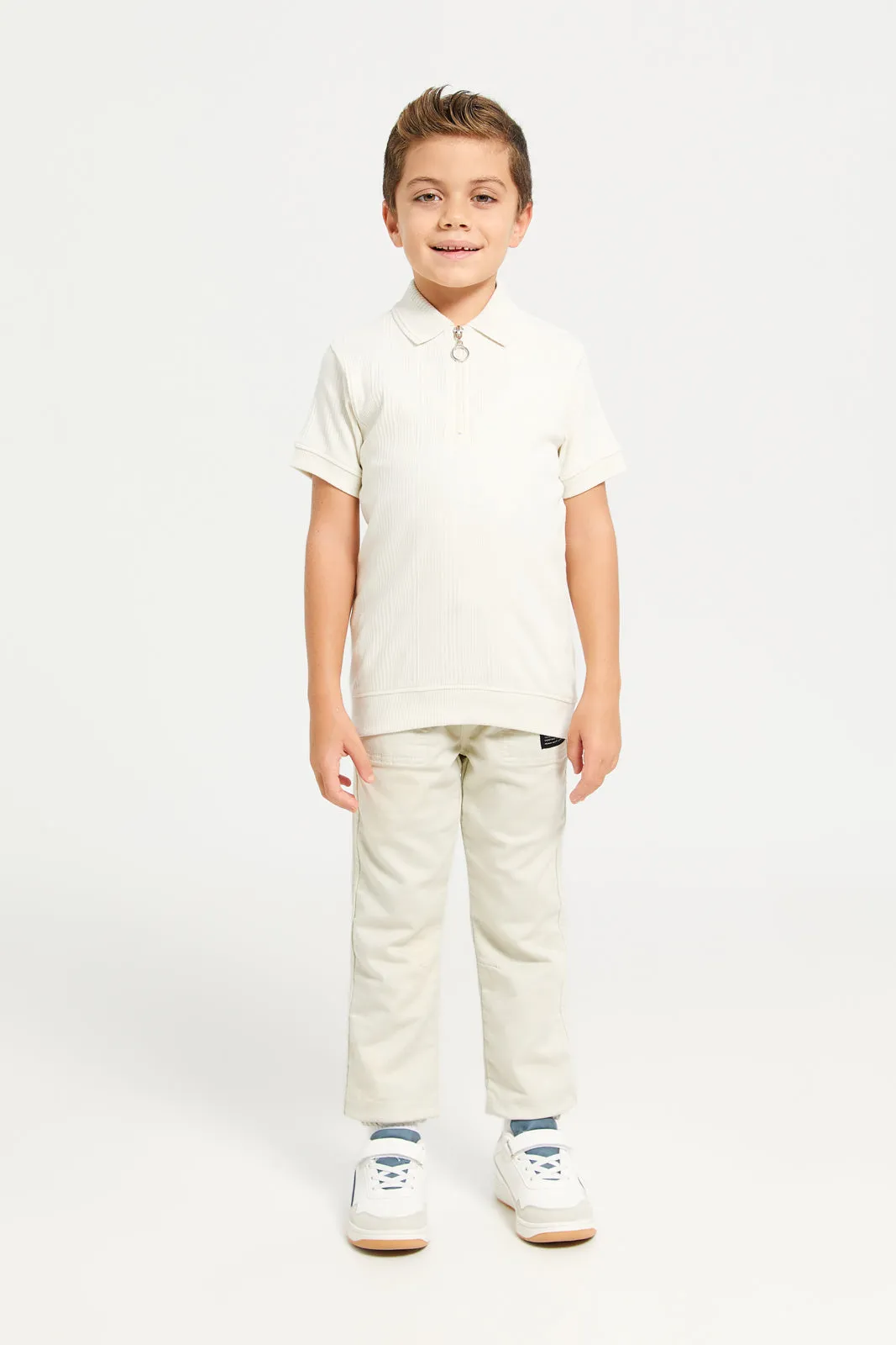 Boys Beige Zip Placket Polo T-Shirt