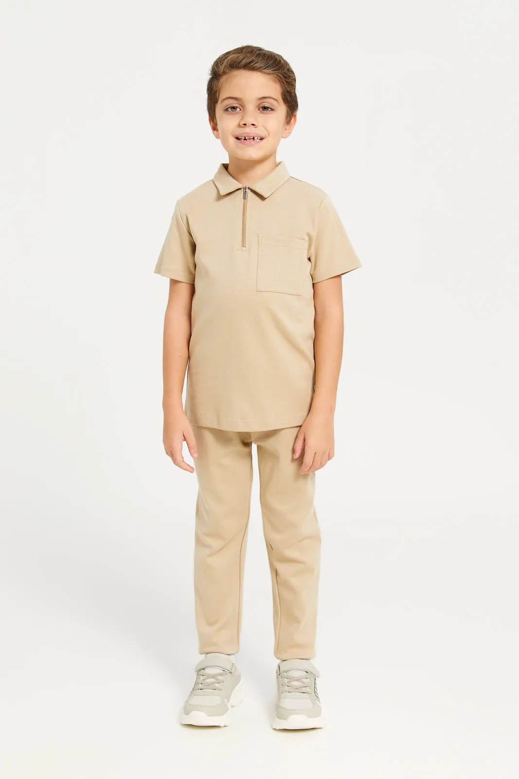 Boys Beige Zipper Polo Shirt With Pant Set (2 Piece)