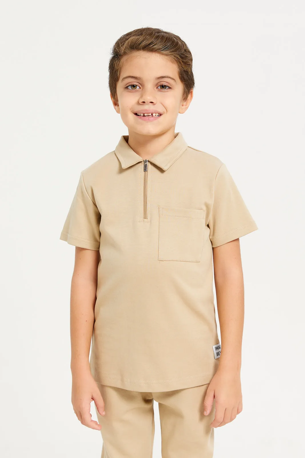 Boys Beige Zipper Polo Shirt With Pant Set (2 Piece)