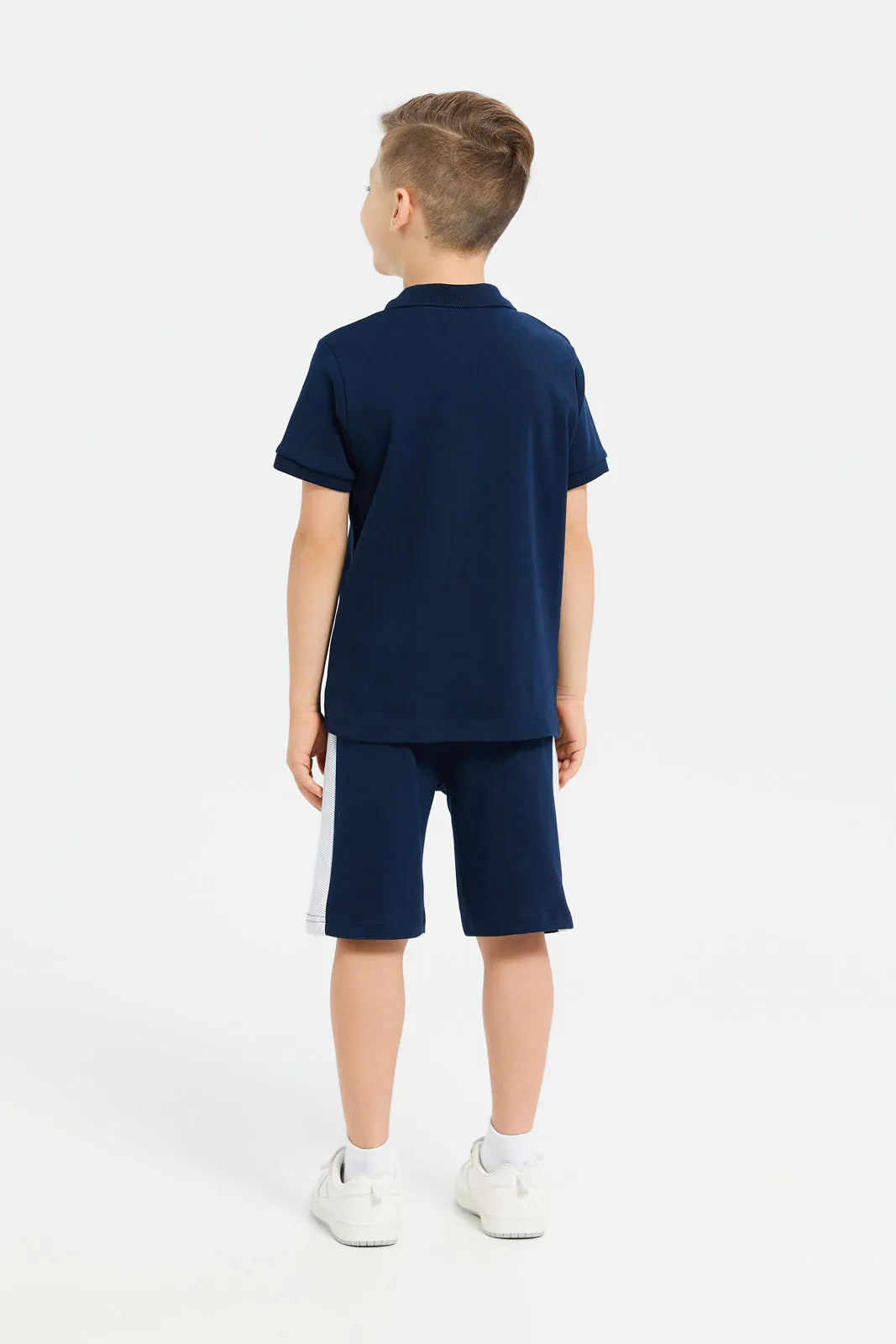 Boys Navy And White Polo T-Shirt With Short Set (2 Piece)