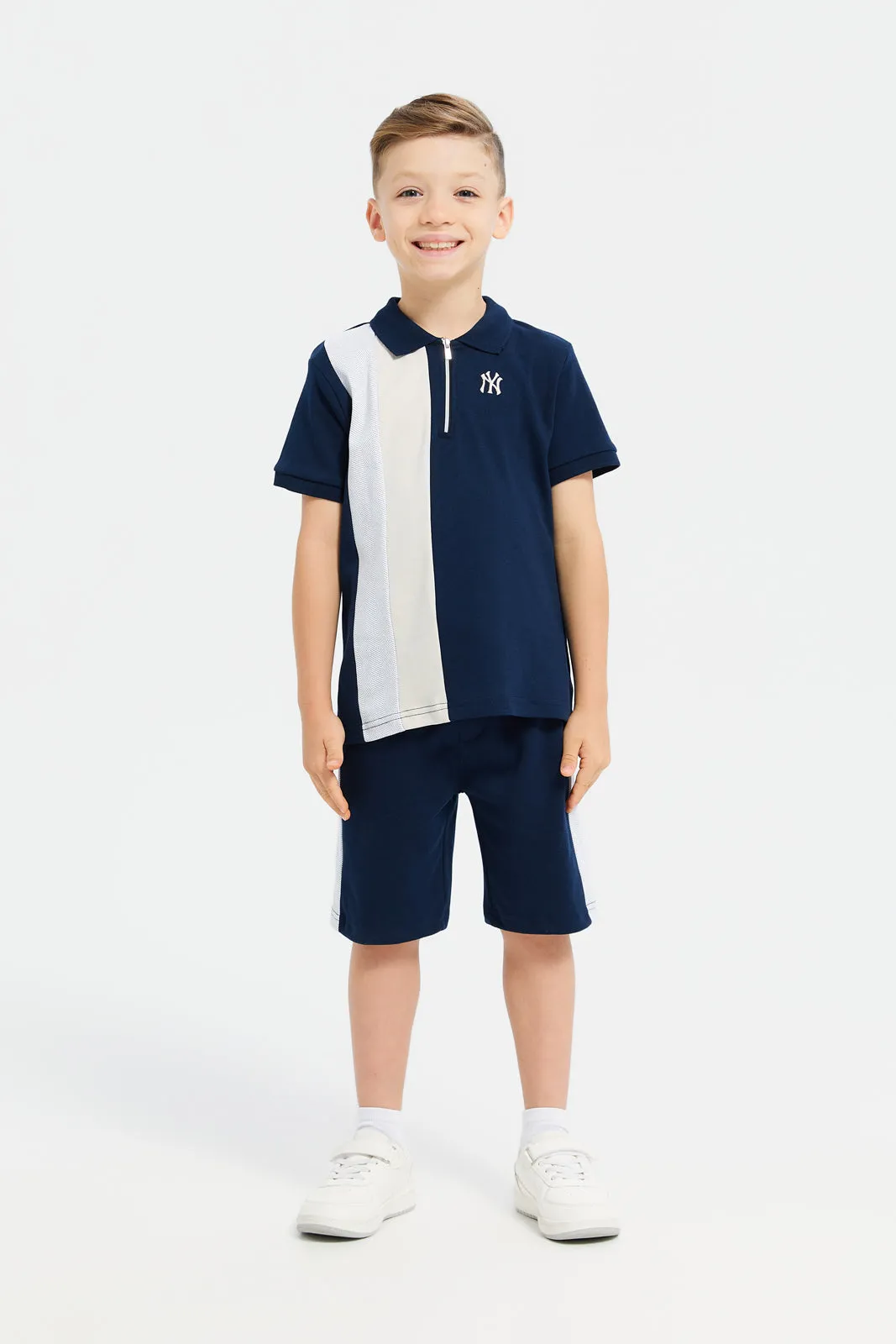 Boys Navy And White Polo T-Shirt With Short Set (2 Piece)