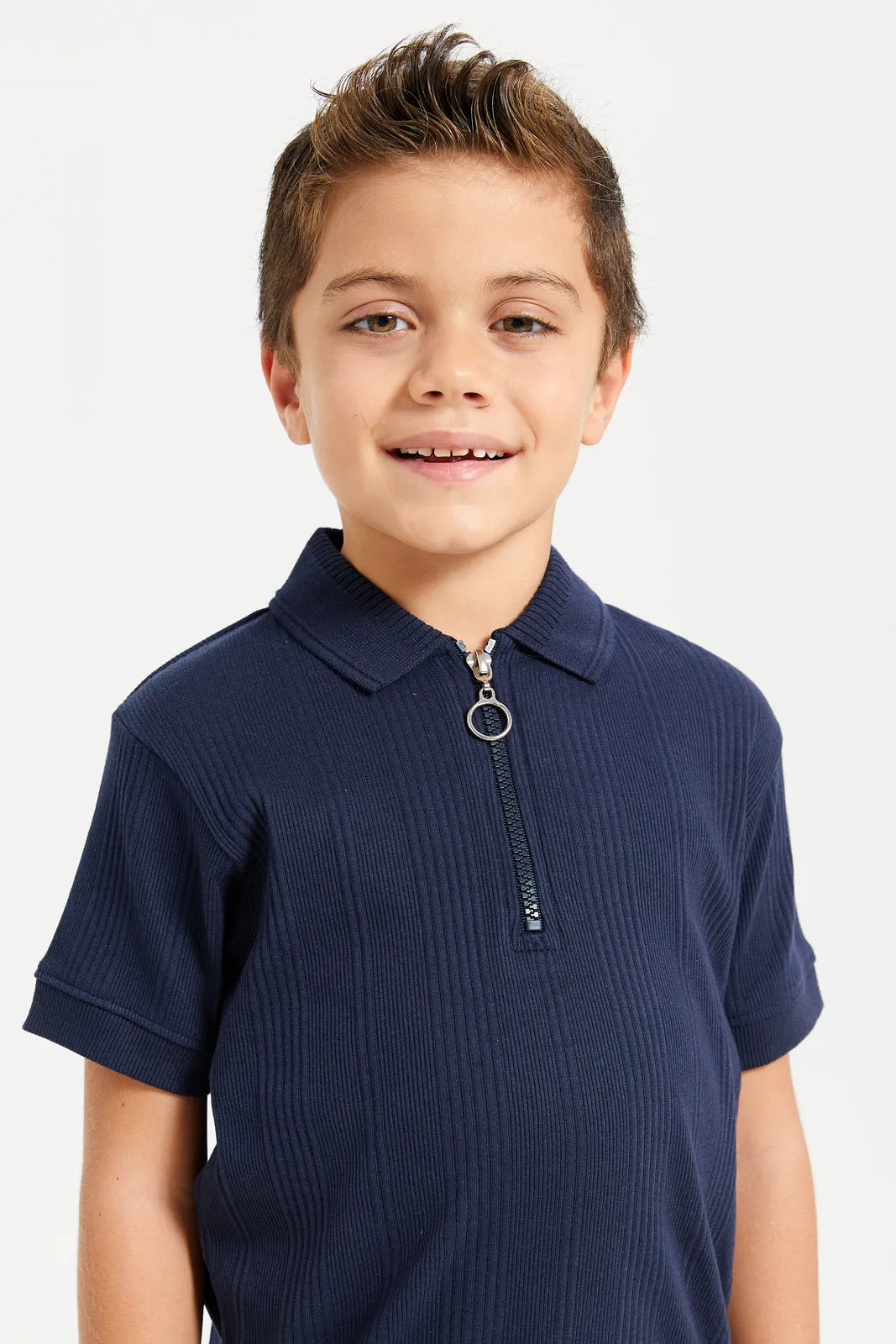 Boys Navy Plain Zip Placket Polo T-Shirt