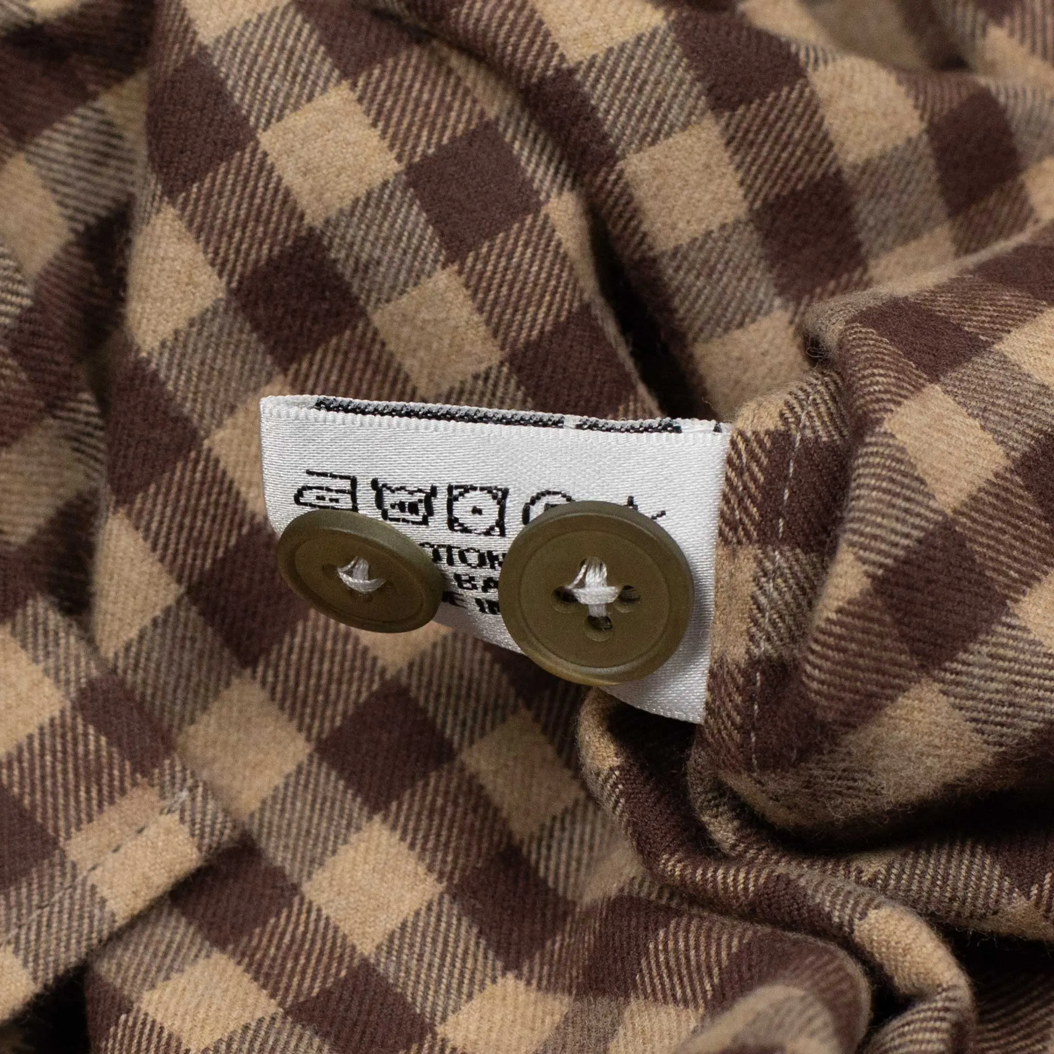 Buttoned collar shirt in tonal brown and beige gingham cotton flannel