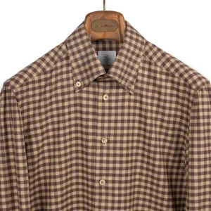 Buttoned collar shirt in tonal brown and beige gingham cotton flannel