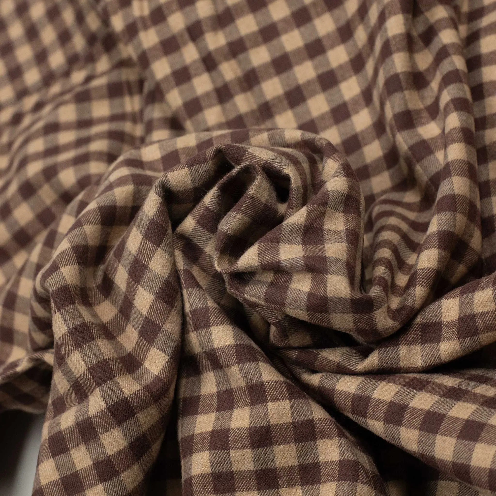 Buttoned collar shirt in tonal brown and beige gingham cotton flannel