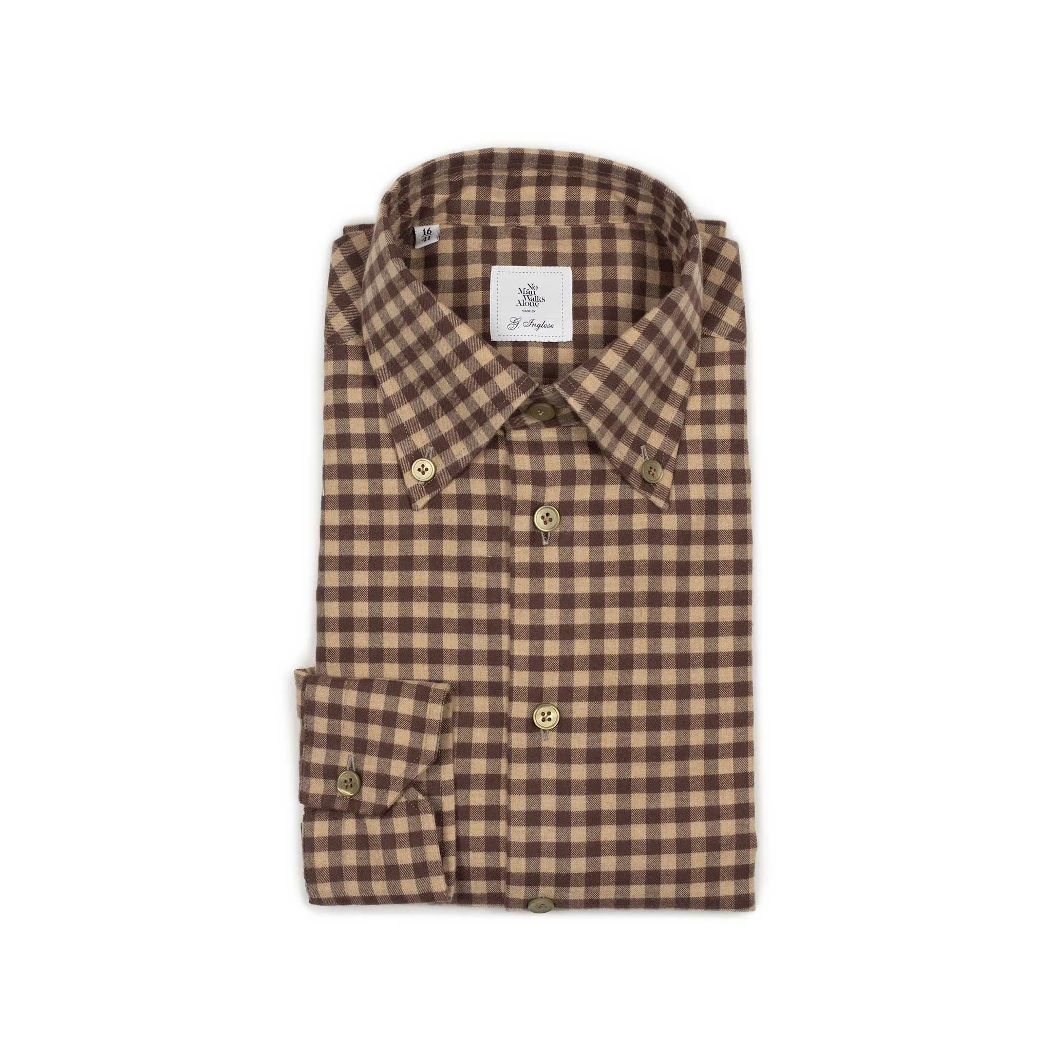 Buttoned collar shirt in tonal brown and beige gingham cotton flannel