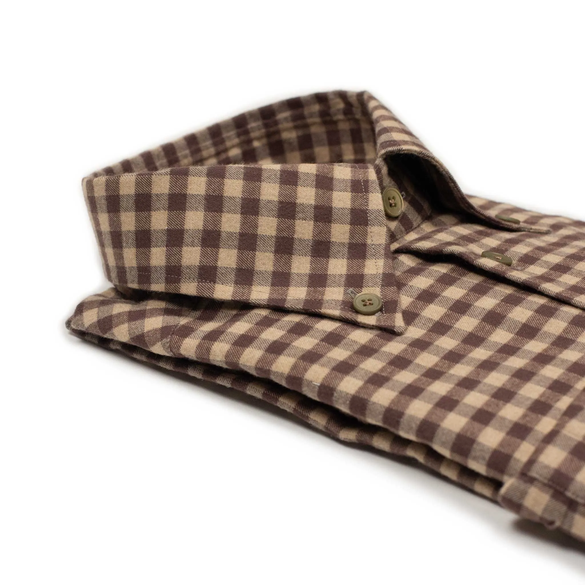 Buttoned collar shirt in tonal brown and beige gingham cotton flannel