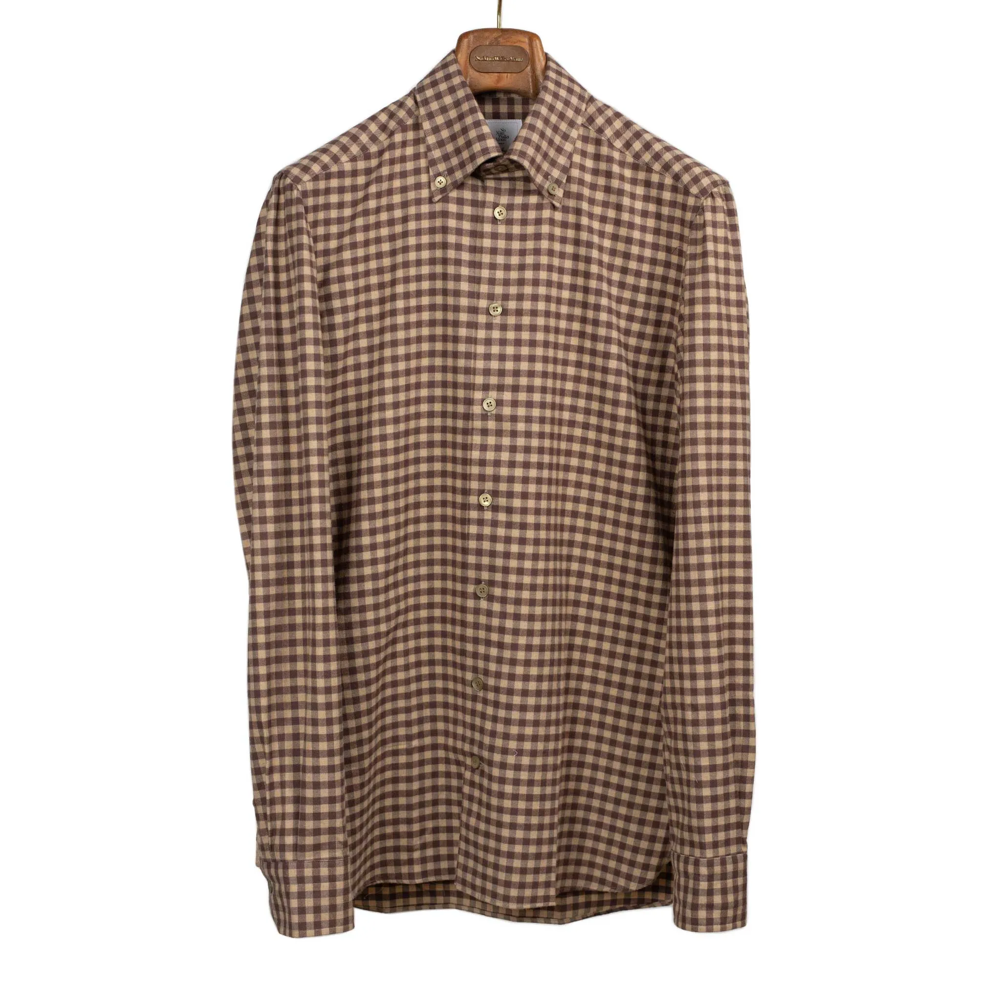 Buttoned collar shirt in tonal brown and beige gingham cotton flannel