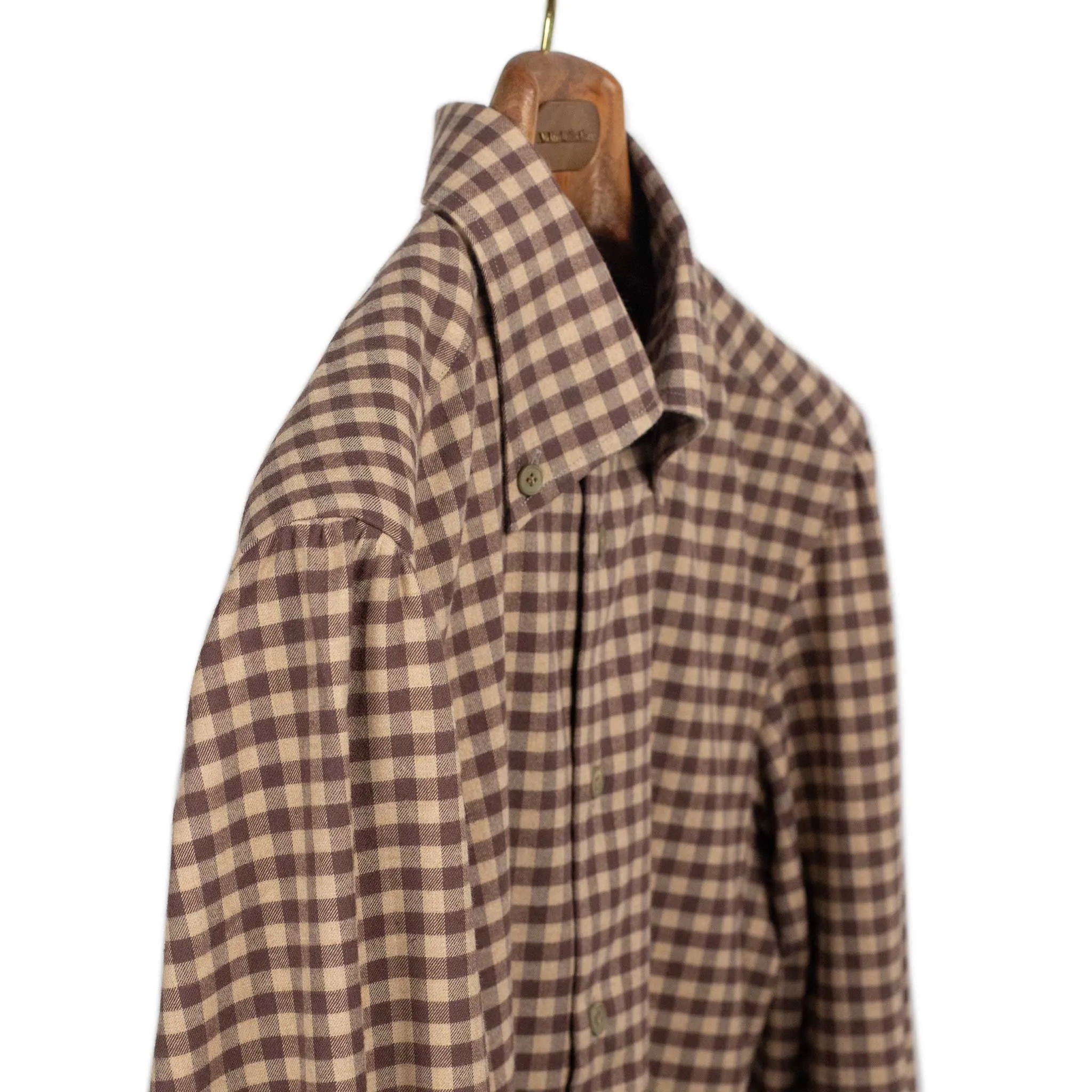 Buttoned collar shirt in tonal brown and beige gingham cotton flannel