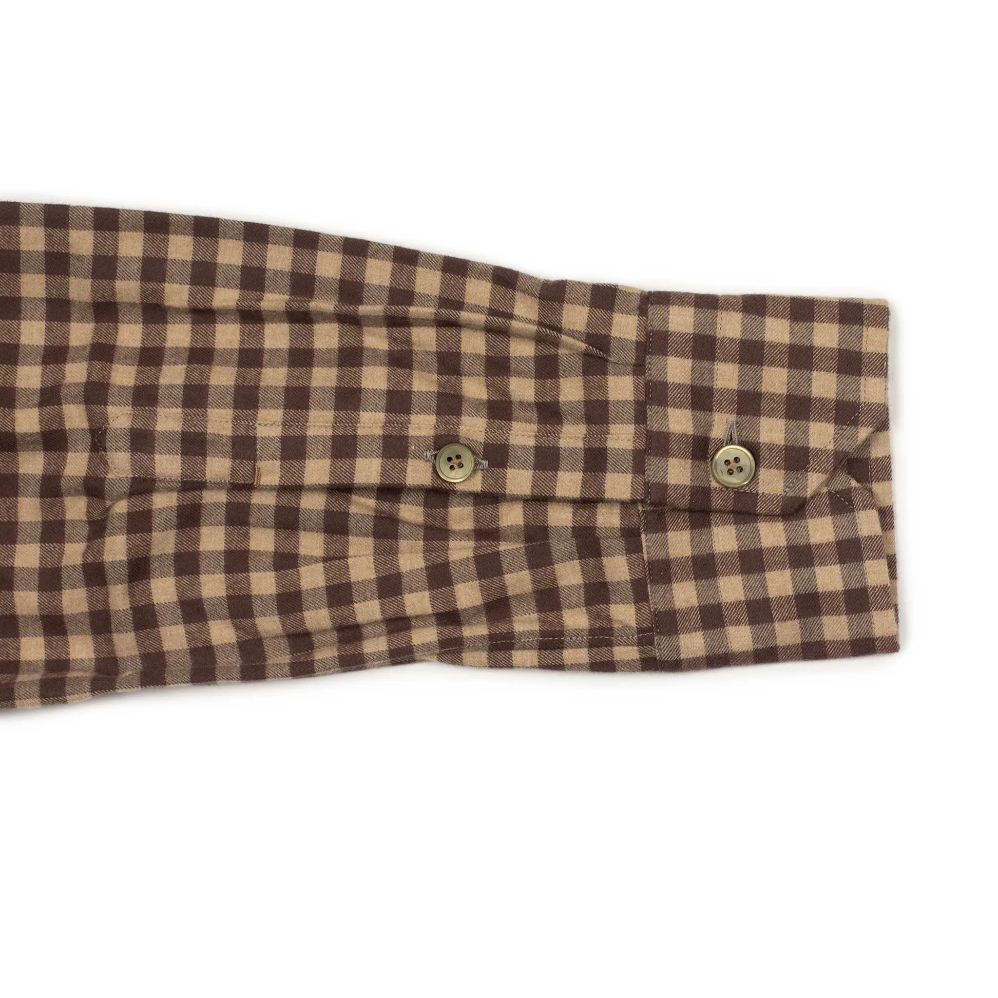 Buttoned collar shirt in tonal brown and beige gingham cotton flannel