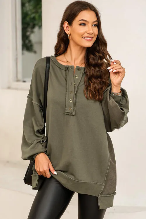 Buttoned Dropped Shoulder Sweatshirt