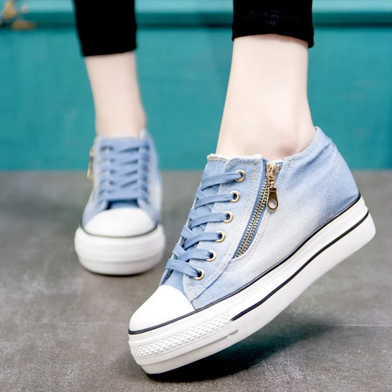 Canvas Eyelet Detail Side Zipper Lace-Up Denim Platform Trainers