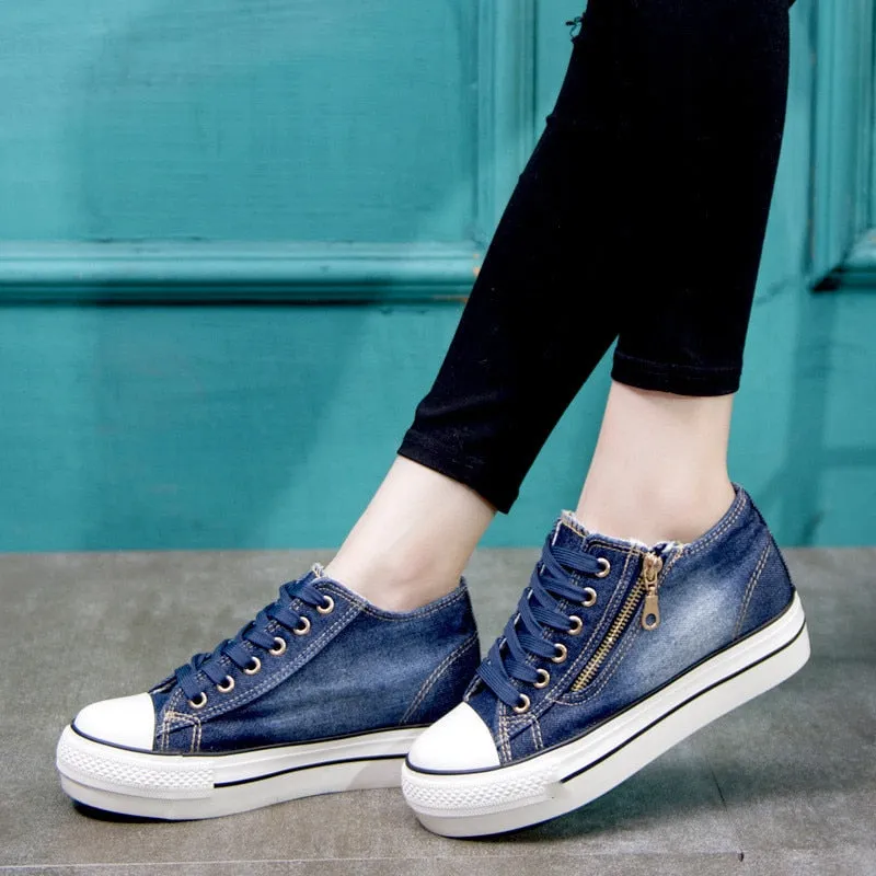 Canvas Eyelet Detail Side Zipper Lace-Up Denim Platform Trainers