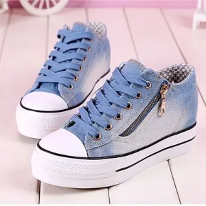 Canvas Eyelet Detail Side Zipper Lace-Up Denim Platform Trainers