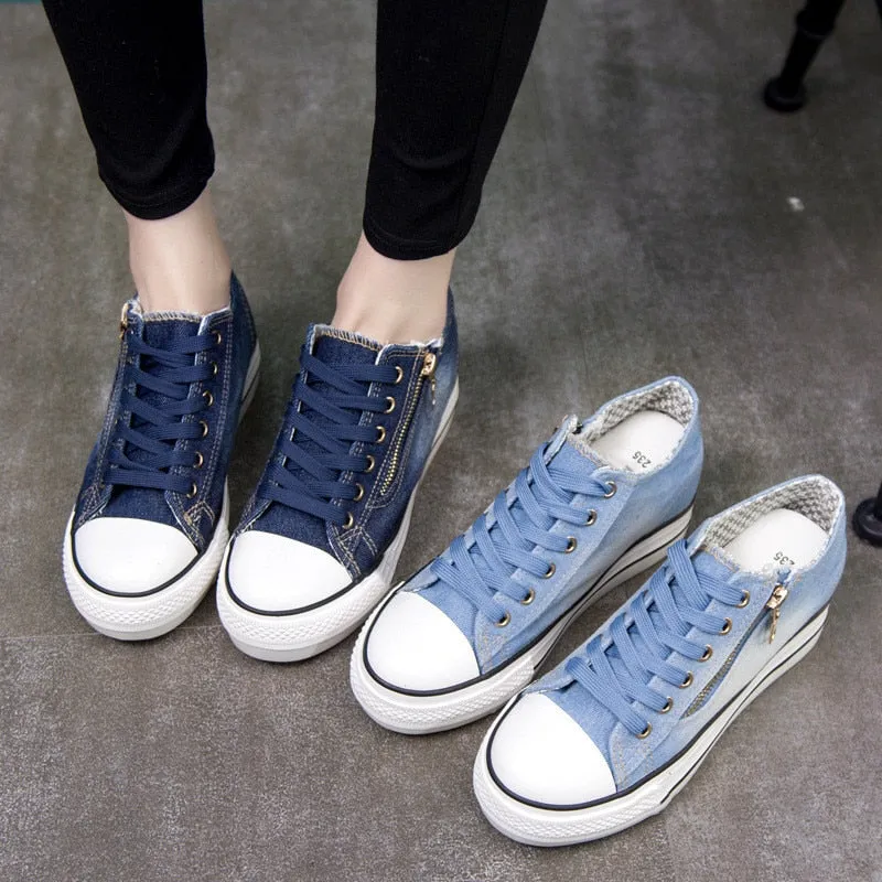 Canvas Eyelet Detail Side Zipper Lace-Up Denim Platform Trainers