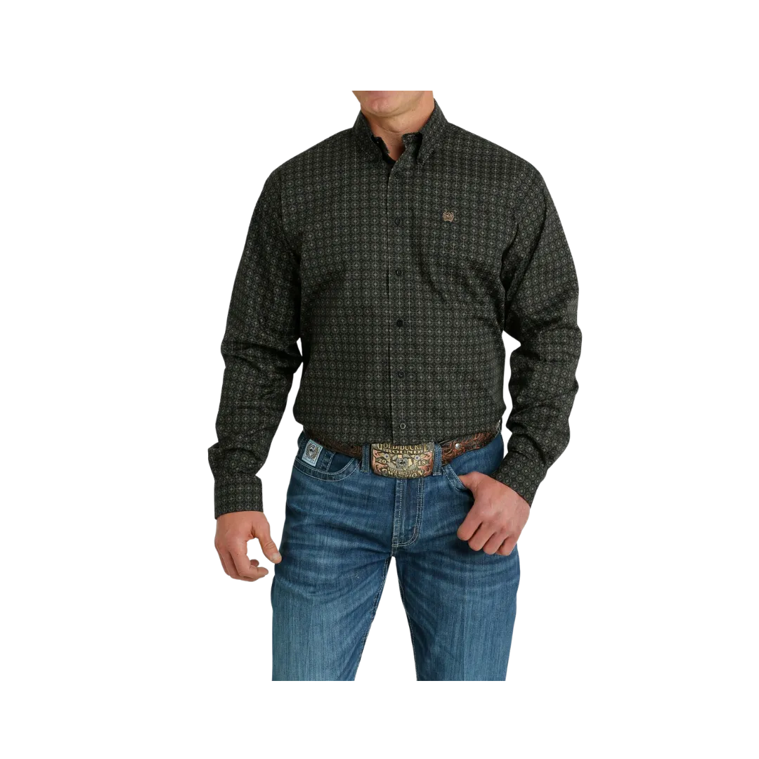 Cinch Men's Medallion Print Button Down Western Olive Black Shirt