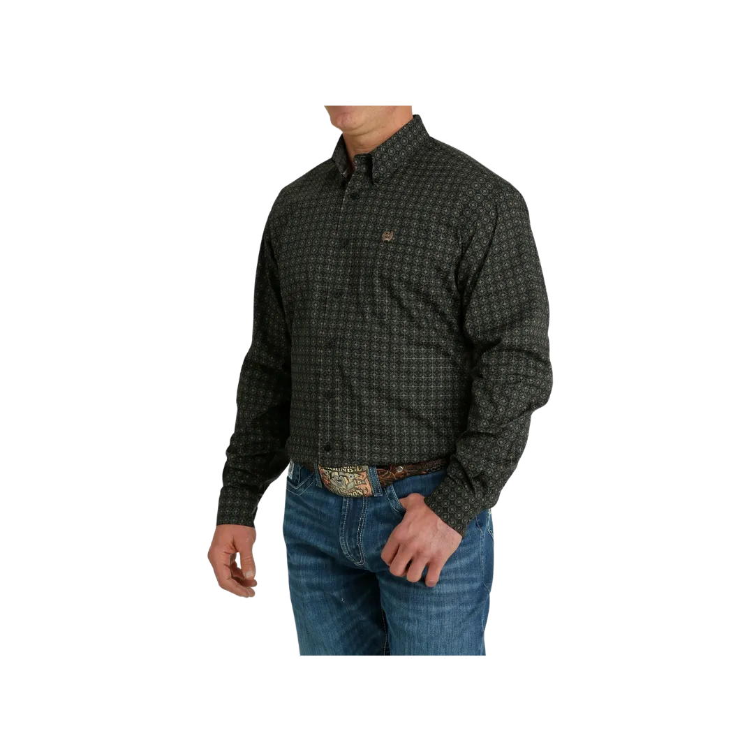 Cinch Men's Medallion Print Button Down Western Olive Black Shirt