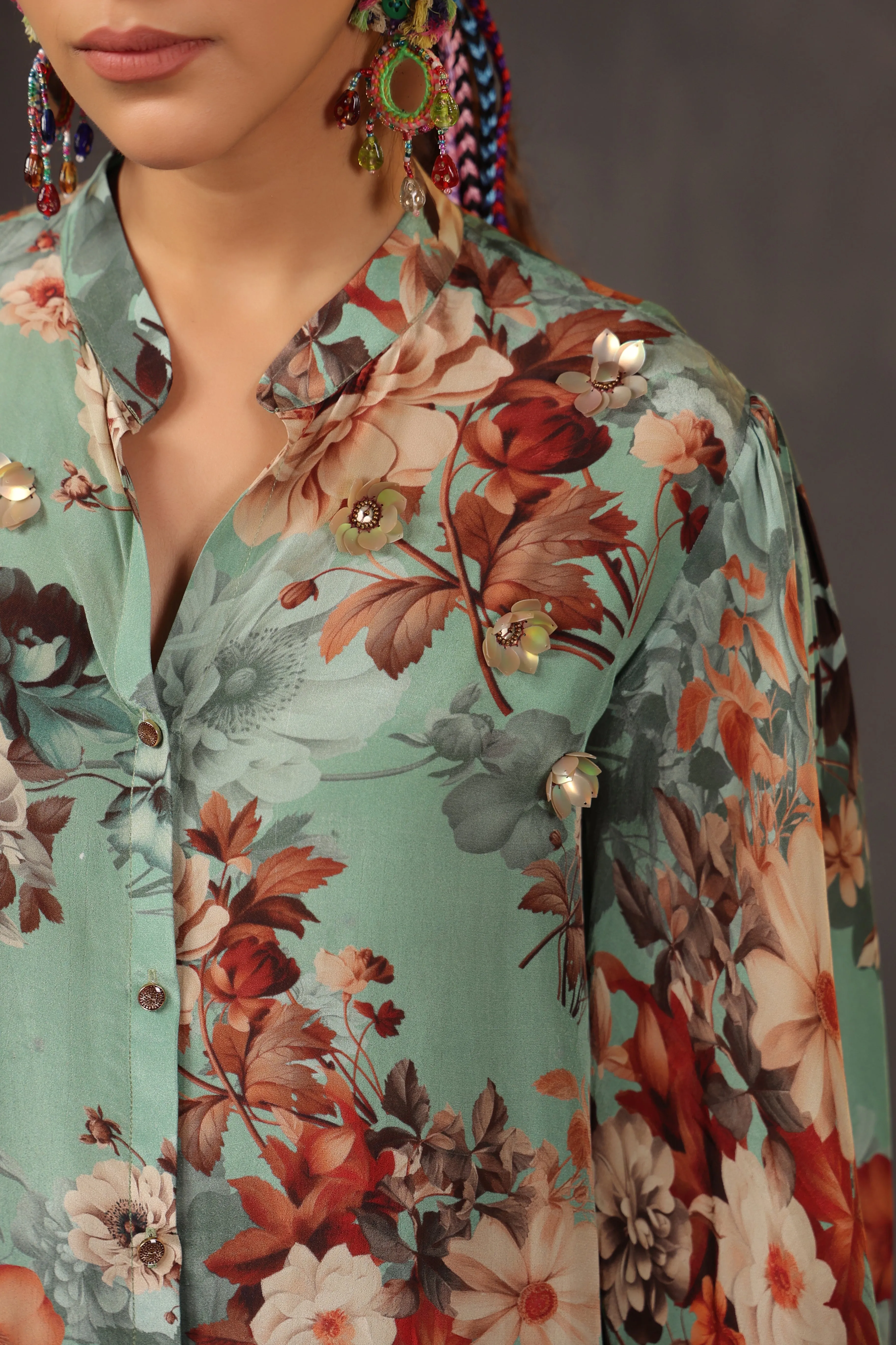 Dusty Teal Floral Printed Crepe Silk Shirt