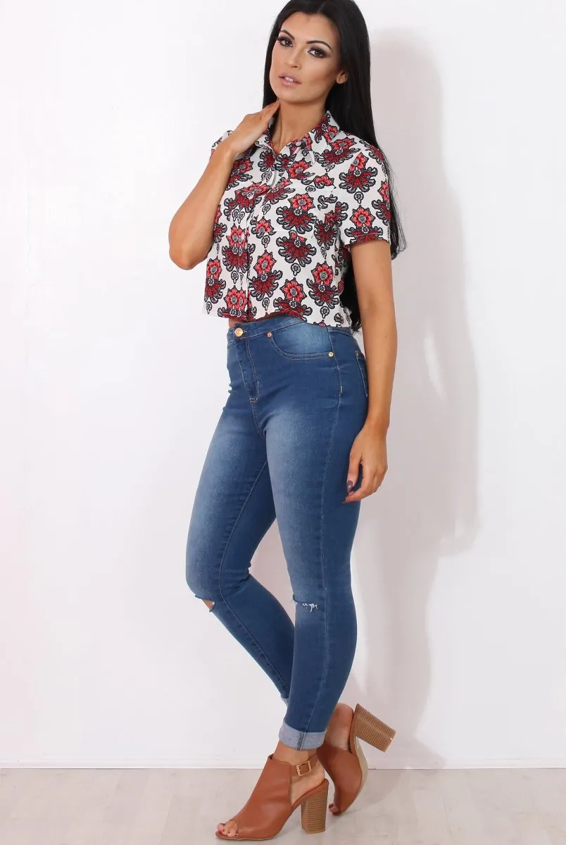 Fern Red Floral Print Crop Shirt