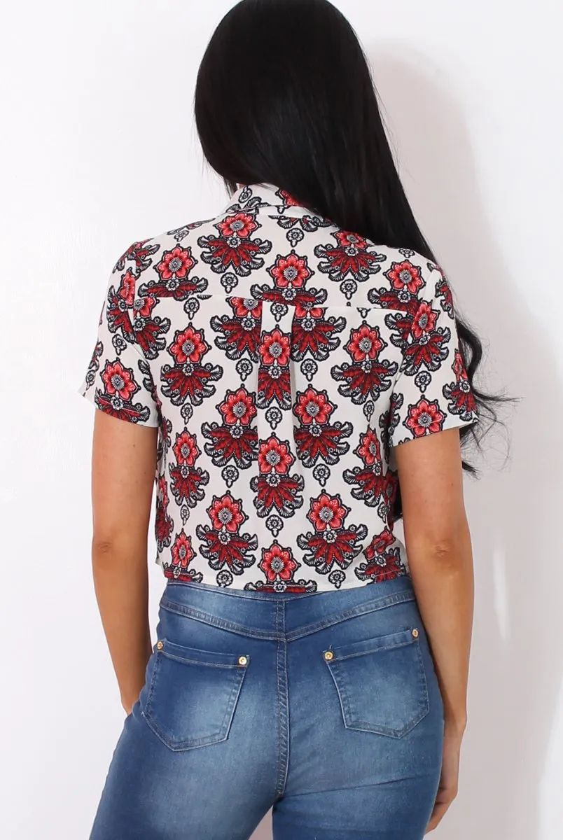 Fern Red Floral Print Crop Shirt