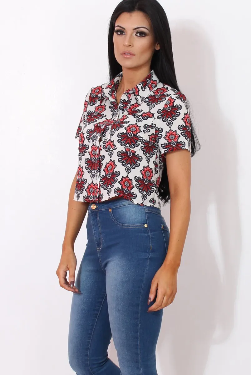 Fern Red Floral Print Crop Shirt