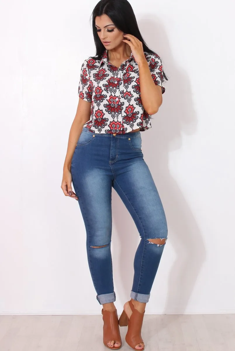 Fern Red Floral Print Crop Shirt