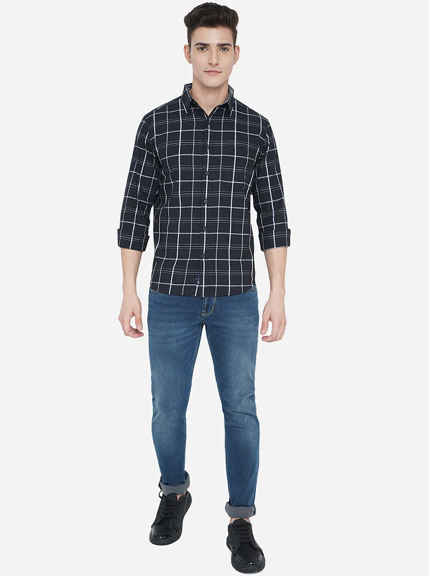 Jet Black Checked Slim Fit Semi Casual Shirt | Greenfibre