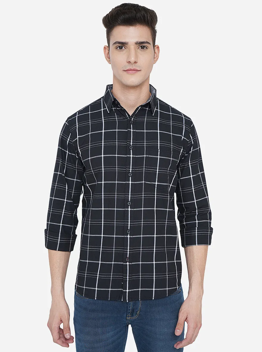 Jet Black Checked Slim Fit Semi Casual Shirt | Greenfibre