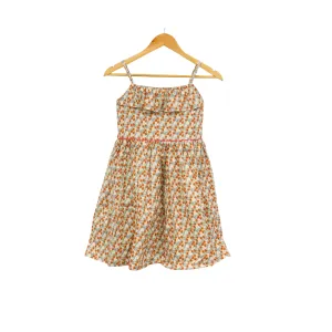 Kidscapade P. Square Neck with Ruffles Dress with Adjustable Strap and Floral Print - Beige