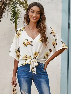 KittenAlarm - Floral Print Deep V Neck Knot Front Batwing Sleeve Tee Shirt