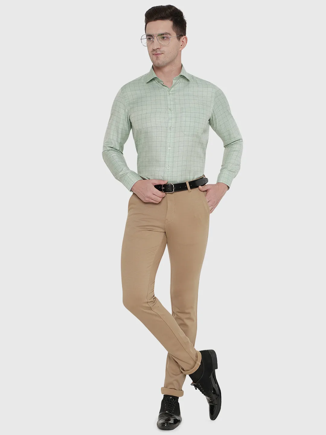 Light Green Checked Regular Fit Formal Shirt | Greenfibre