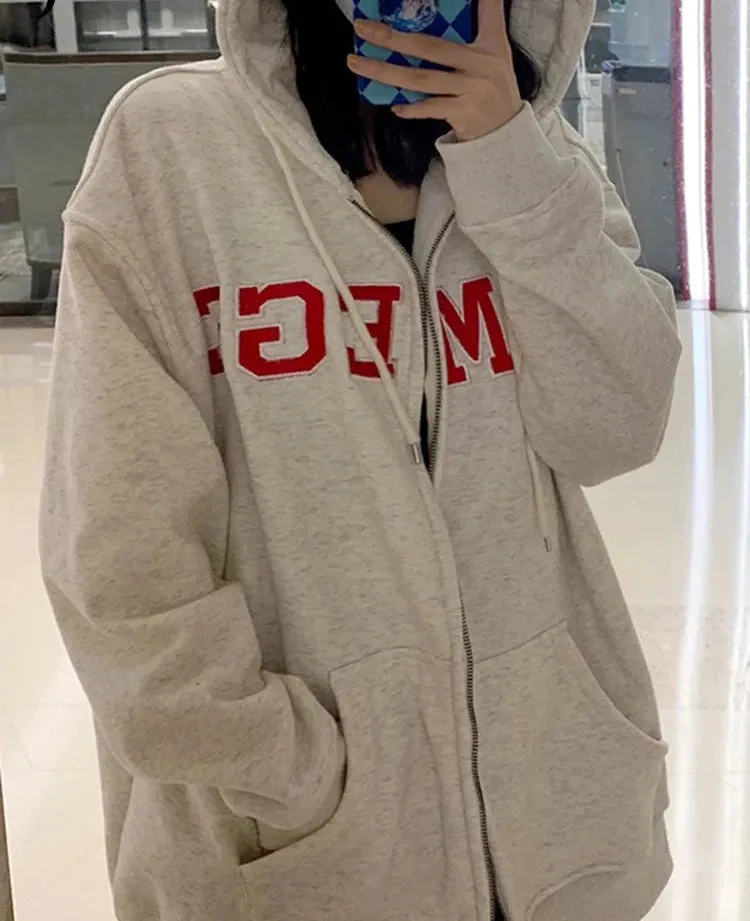 Loose Letter Spell Color Hoodies Zip-up Spell Color Ins Fashion Female Streetwear O-neck Chic Pockets Women's Hoodies