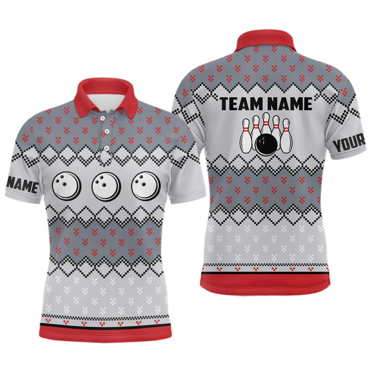 Mens Bowling Polo Shirts Custom ugly Christmas pattern Bowling ball pins team Mens Jersey