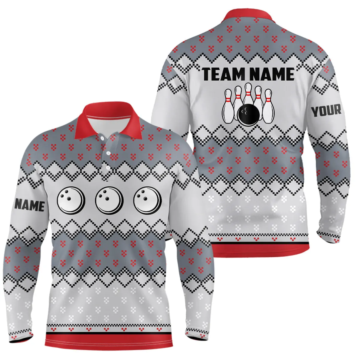 Mens Bowling Polo Shirts Custom ugly Christmas pattern Bowling ball pins team Mens Jersey