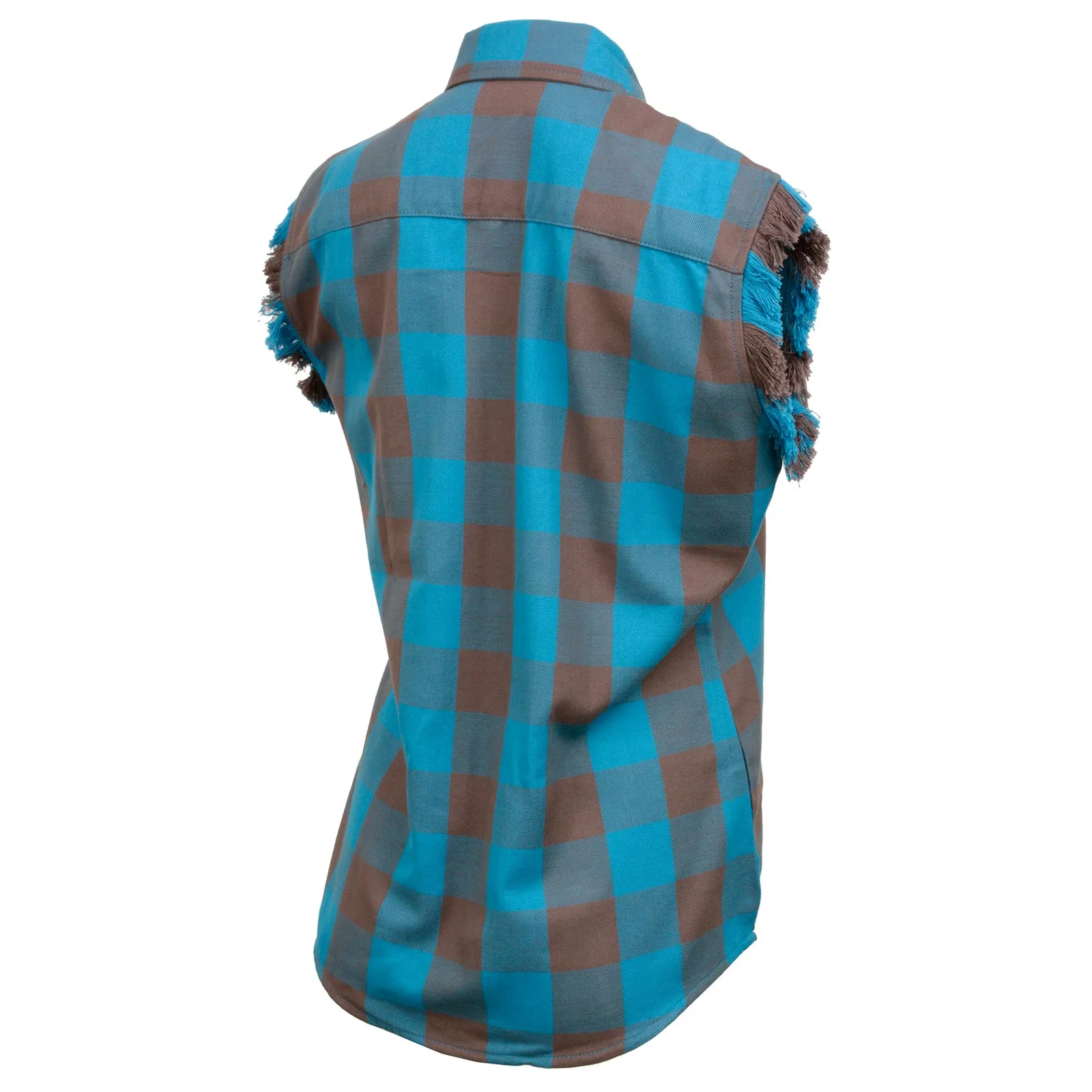 Milwaukee Leather MNG21623 Women's Flannel Brown/Aqua Button Down Sleeveless Cut Off Shirt w/ Frill Arm