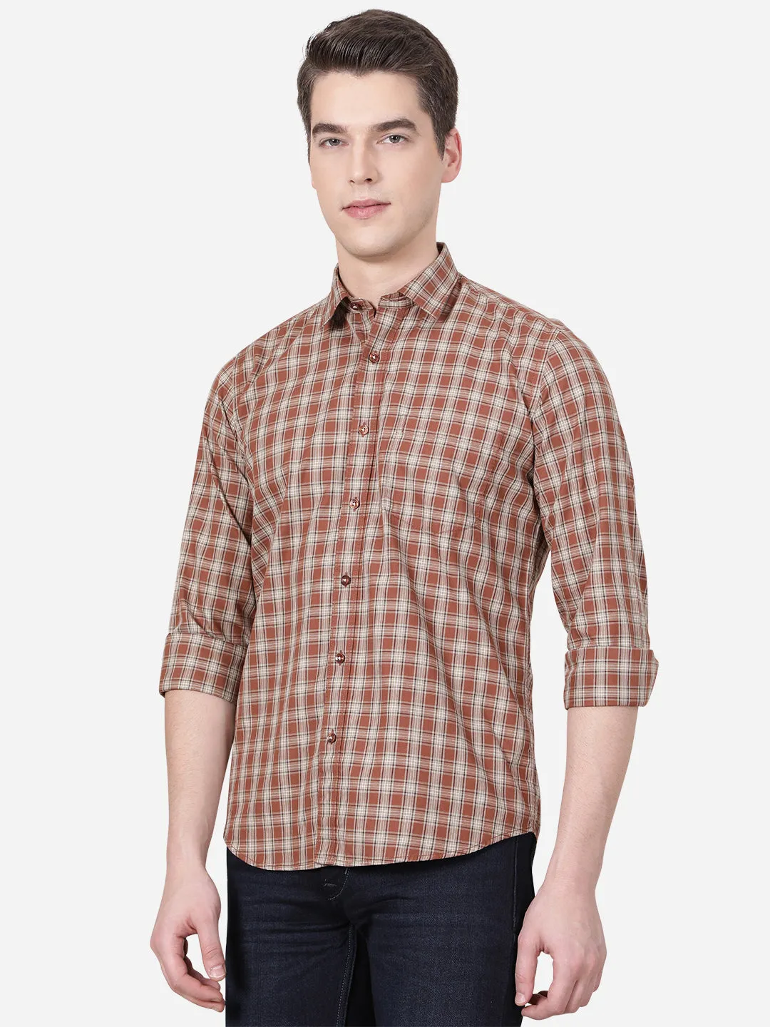 Mocha Brown Checked Slim Fit Casual Shirt | JadeBlue