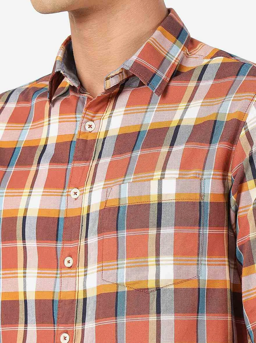 Mocha Mousse Checked Slim Fit Casual Shirt | Greenfibre