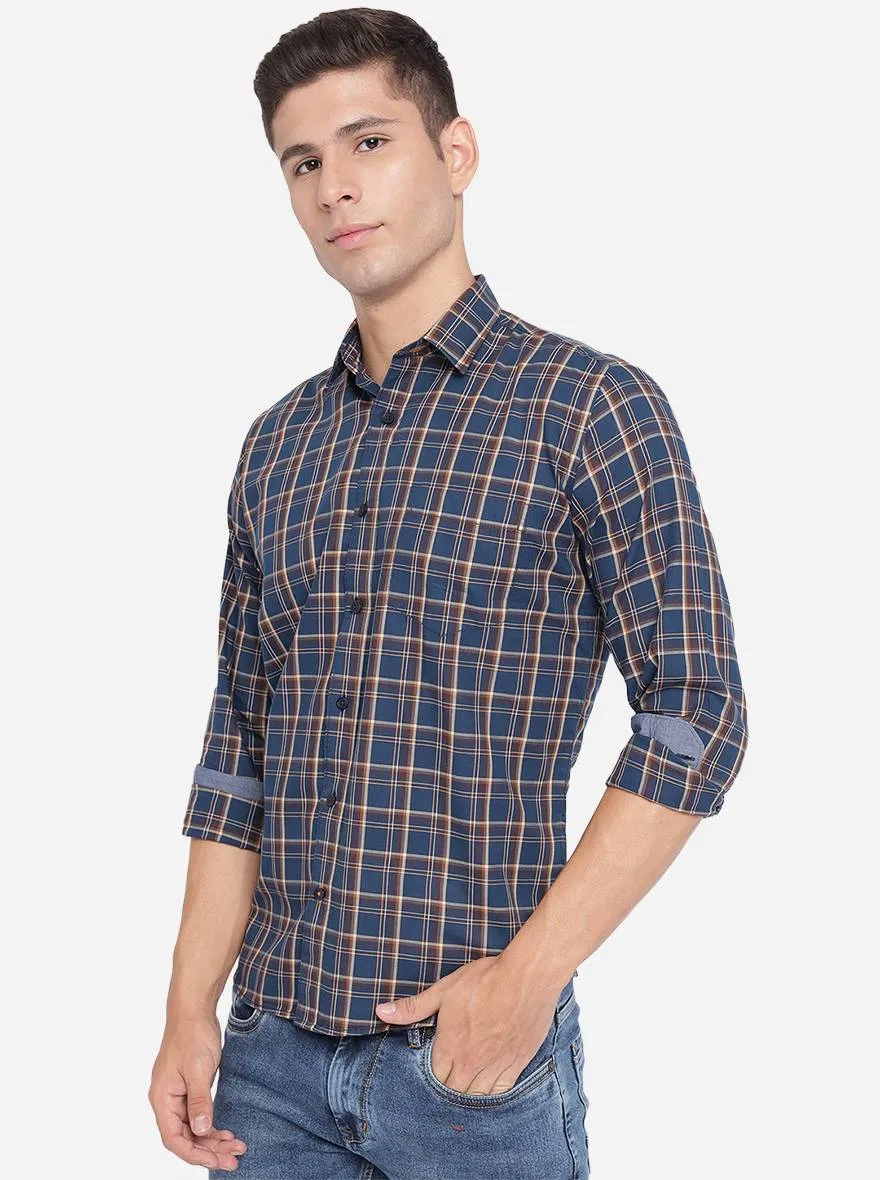 Navy Blue Checked Slim Fit Casual Shirt | Greenfibre