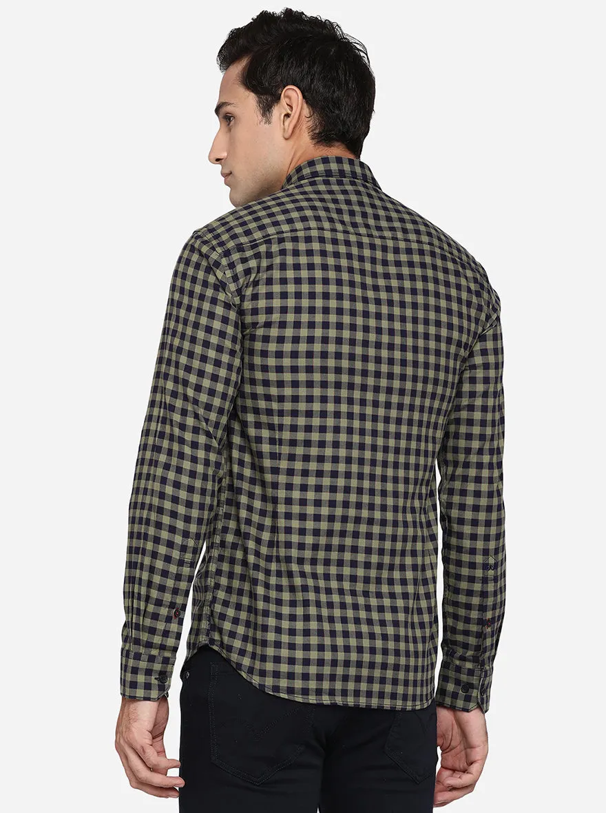 Olive & Navy Blue Checked Slim Fit Casual Shirt | JadeBlue