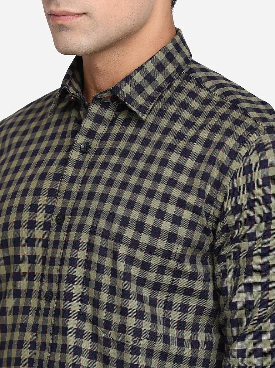 Olive & Navy Blue Checked Slim Fit Casual Shirt | JadeBlue